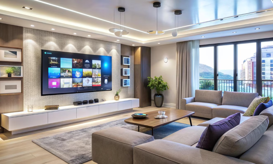 Modern living room with one of the best smart TVs for streaming showing app options on screen.