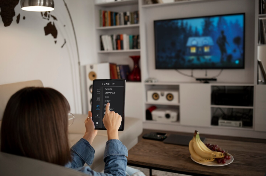 Home streaming setup with smart TV, tablet remote, speakers, and connected media devices.