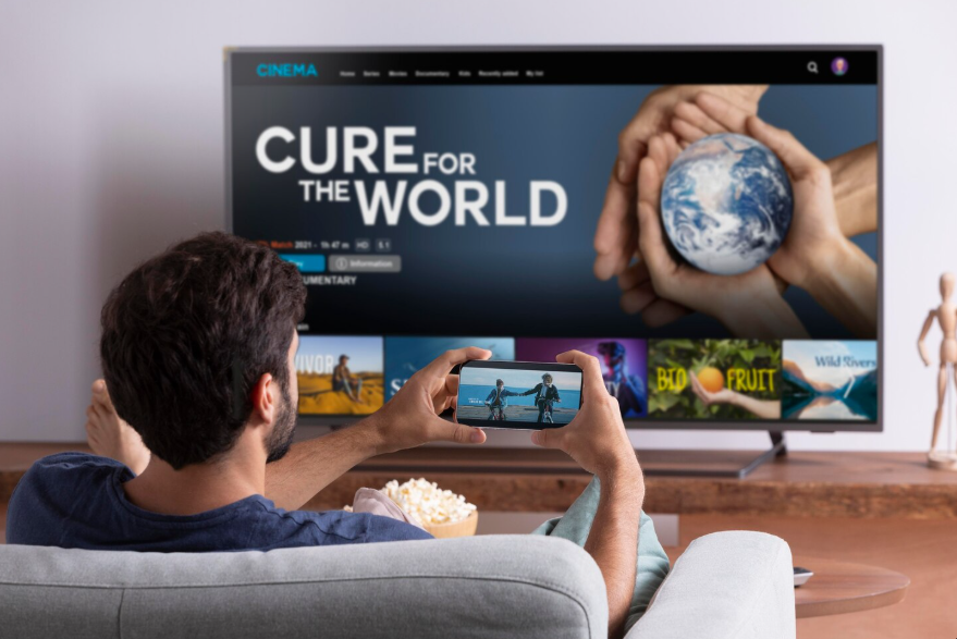 4K vs HD streaming comparison shown through a large TV movie setup at home.